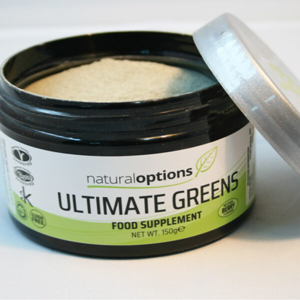 Open pot of Ultimate Super Greens supplements, revealing the nutrient-rich powder blend. Embrace the goodness of nature's finest greens, superfoods, and essential nutrients in this powerful formula. Nourish your body with a burst of vitality for a healthier and energized you.