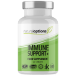 The front view of Natural Options Immune Support supplements, showcasing the product name and logo. These supplements are designed to provide immune support through natural ingredients. The label features essential vitamins, minerals, and antioxidants, promoting overall health and strengthening the body's defenses. Discover the power of natural options for a robust immune system."