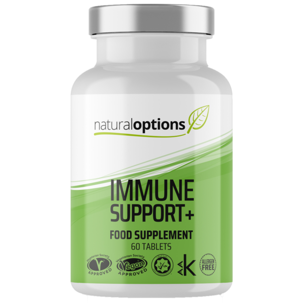 The front view of Natural Options Immune Support supplements, showcasing the product name and logo. These supplements are designed to provide immune support through natural ingredients. The label features essential vitamins, minerals, and antioxidants, promoting overall health and strengthening the body's defenses. Discover the power of natural options for a robust immune system."