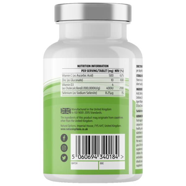 The Nutritional Values view of Natural Options Immune Support supplements, showcasing the product name and logo. These supplements are designed to provide immune support through natural ingredients. The label features essential vitamins, minerals, and antioxidants, promoting overall health and strengthening the body's defenses. Discover the power of natural options for a robust immune system."