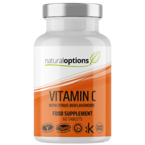 Front view of NaturalOptions Vitamin C Tablets. These premium tablets contain essential Vitamin C, providing antioxidant support and immune system benefits. Elevate your well-being with the power of Vitamin C for a stronger and healthier you.