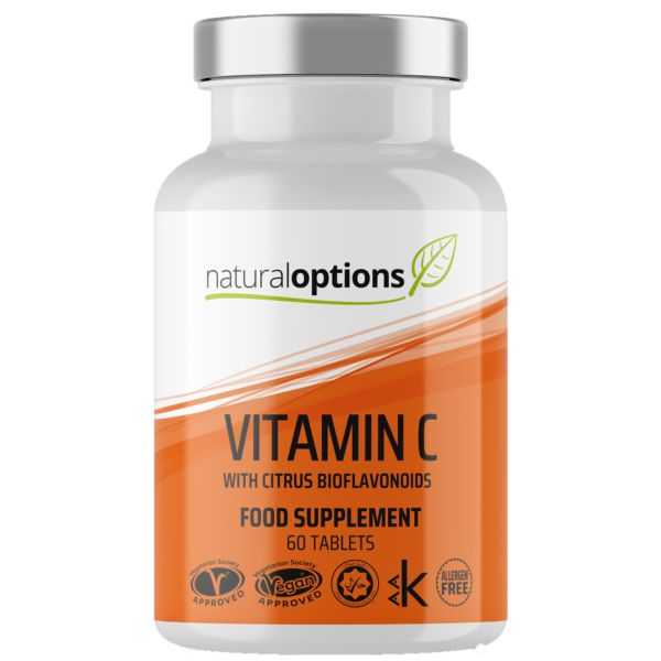 Front view of NaturalOptions Vitamin C Tablets. These premium tablets contain essential Vitamin C, providing antioxidant support and immune system benefits. Elevate your well-being with the power of Vitamin C for a stronger and healthier you.