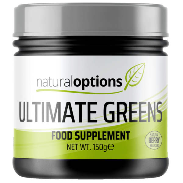 Front view of Ultimate Super Greens Berry supplements. Experience the powerful blend of nutrient-rich greens and superfoods, enriched with a delightful berry flavor. Elevate your nutrition and embrace a healthier you with Ultimate Greens .